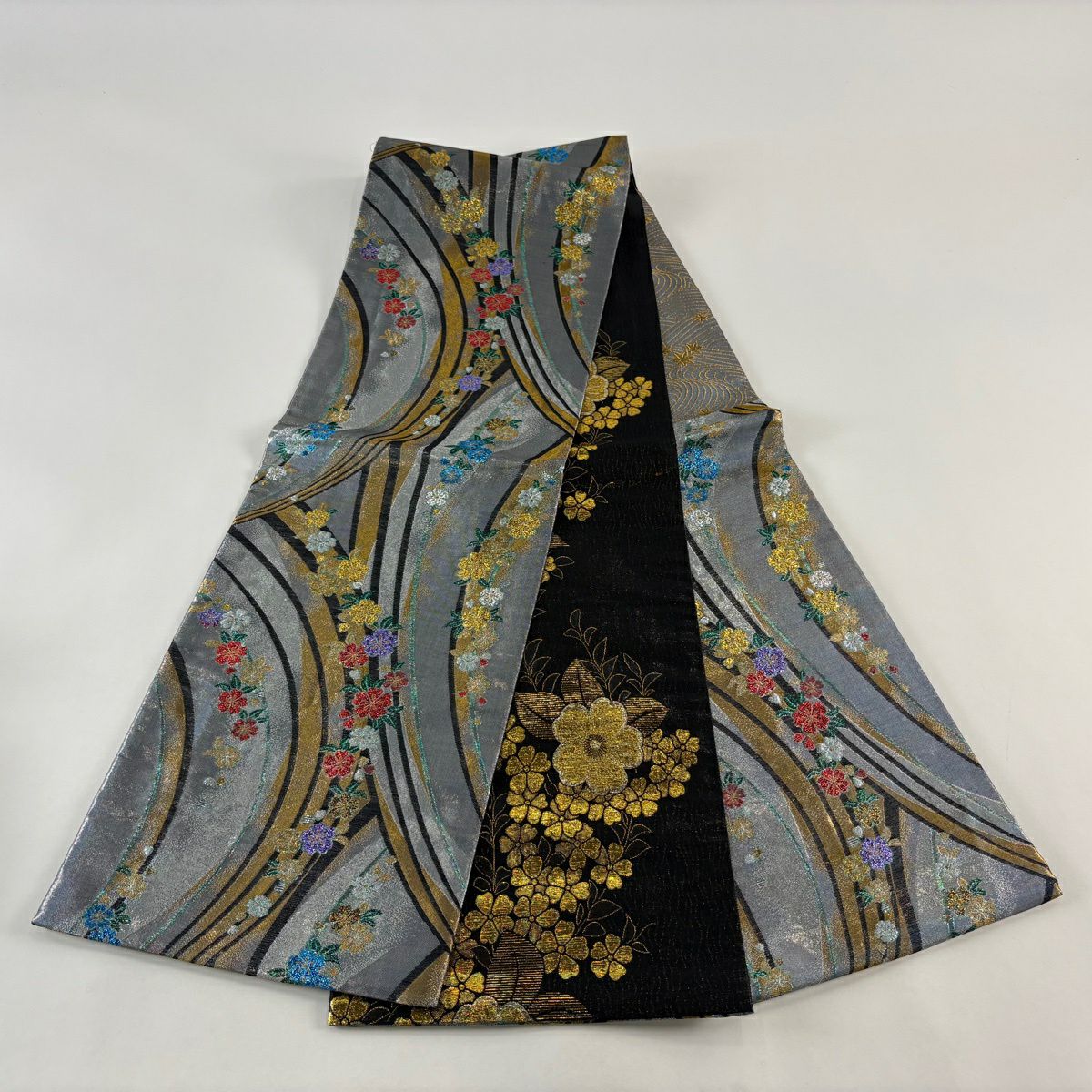 【美品】 袋帶 秀品級 樱花 亂條 金金箔 青灰 六通 純蠶絲
