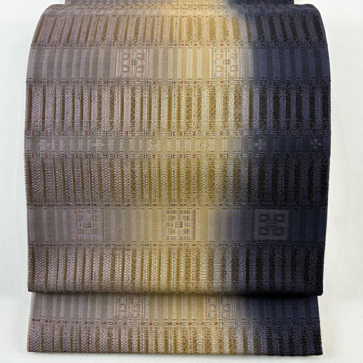 【美品】 袋帶 秀品級 縞 幾何圖案 金絲 漸變 紫 六通 純蠶絲