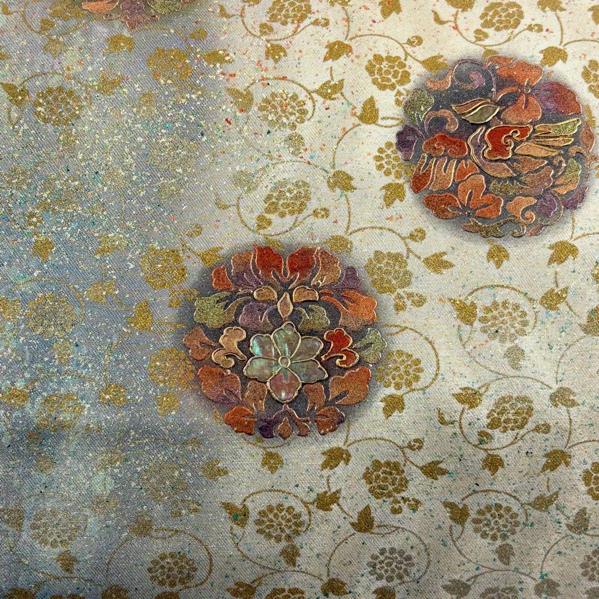 名古屋帶 秀品級 花丸紋 花唐草紋 螺鈿 金銀彩 米色 純蠶絲