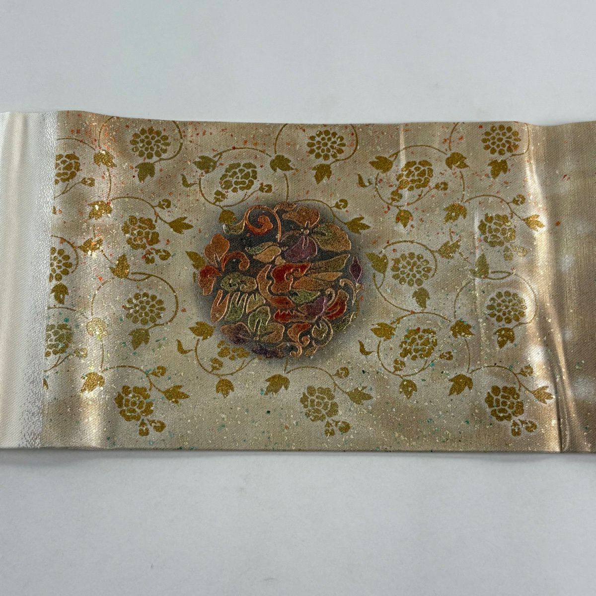 名古屋帶 秀品級 花丸紋 花唐草紋 螺鈿 金銀彩 米色 純蠶絲
