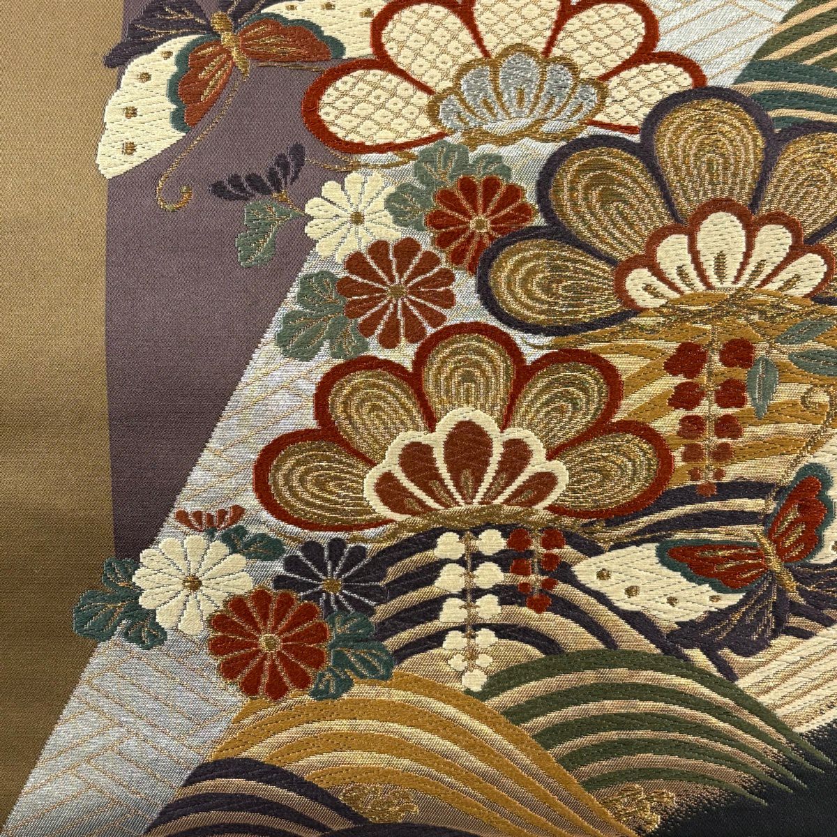 【美品】 袋帶 秀品級 笠松樹 蝶 唐織 金銀糸 茶 六通 純蠶絲