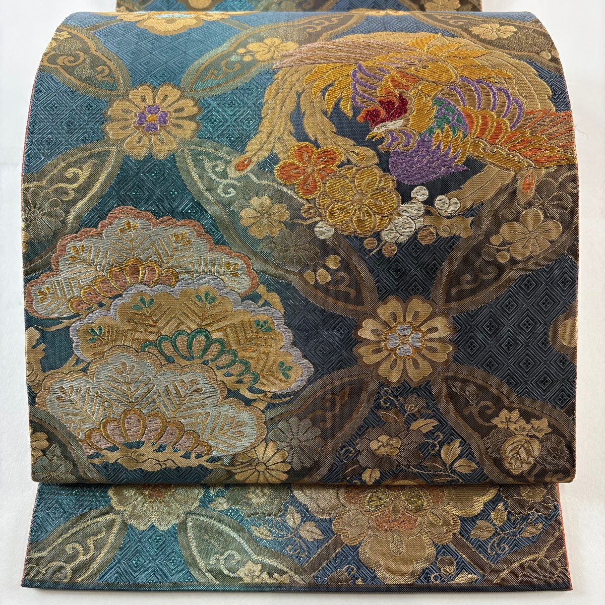 【美品】 袋帶 秀品級 艶飾金金箔 本金金箔 鳳凰 笠松樹 唐織 金金箔 水色 六通 純蠶絲