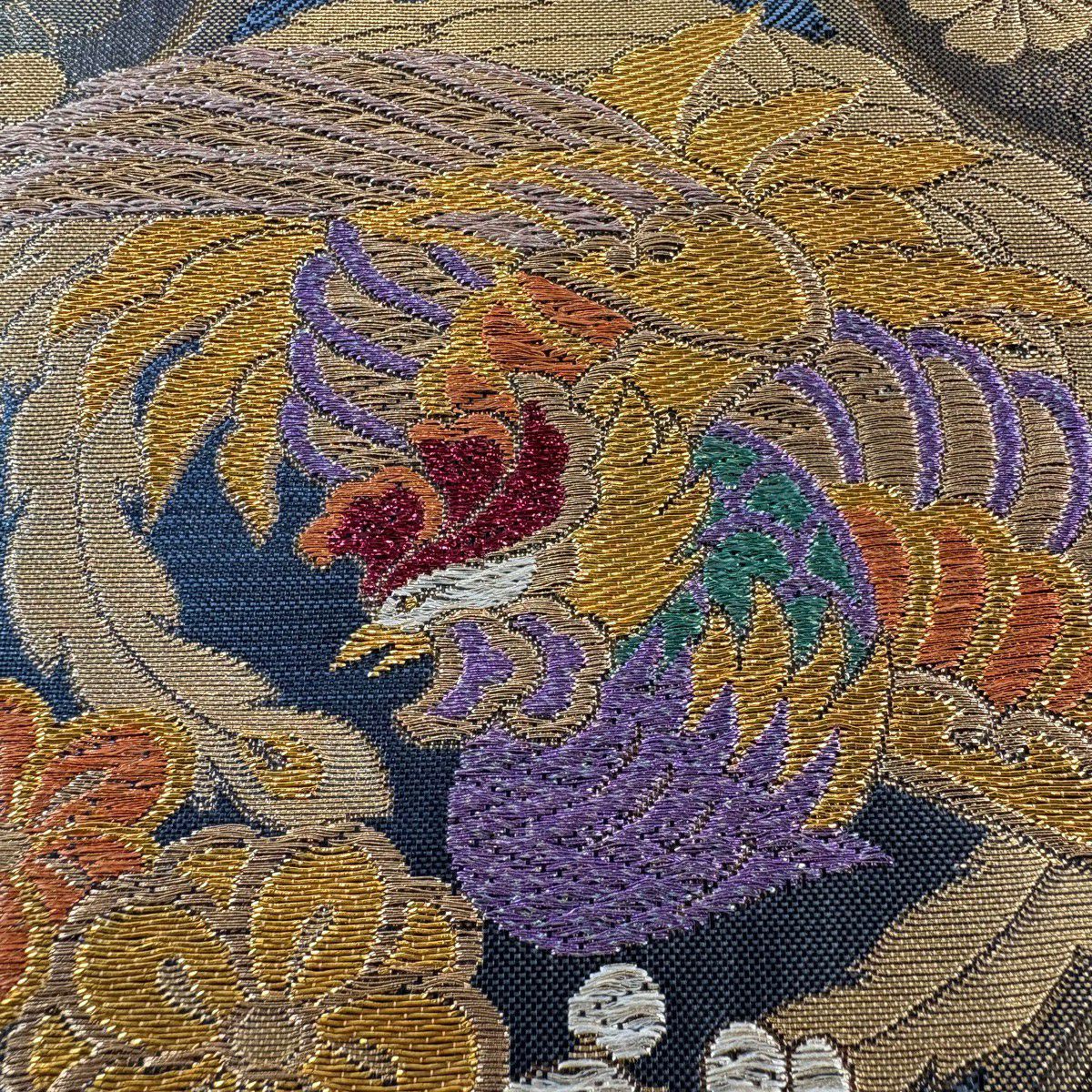 【美品】 袋帶 秀品級 艶飾金金箔 本金金箔 鳳凰 笠松樹 唐織 金金箔 水色 六通 純蠶絲