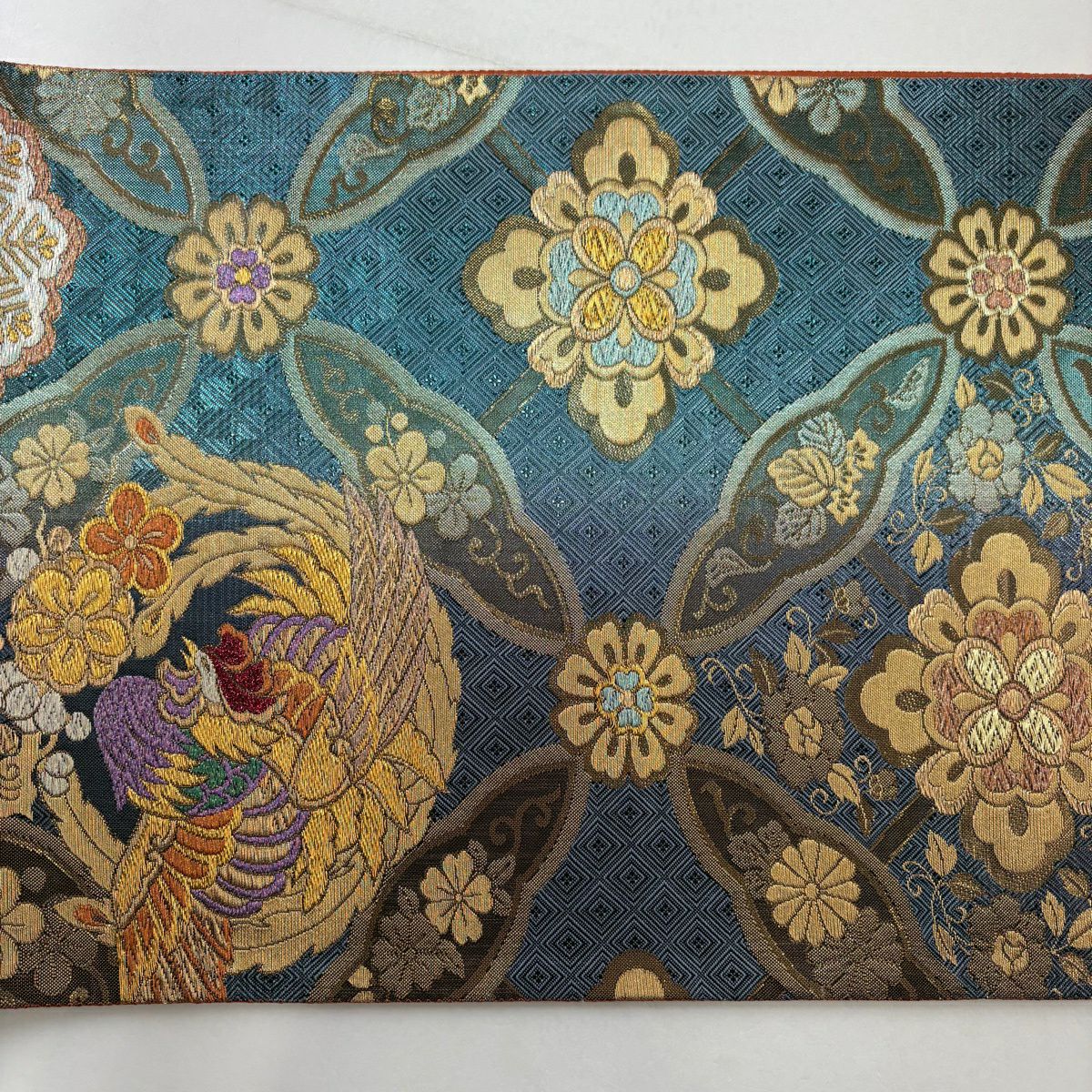 【美品】 袋帶 秀品級 艶飾金金箔 本金金箔 鳳凰 笠松樹 唐織 金金箔 水色 六通 純蠶絲