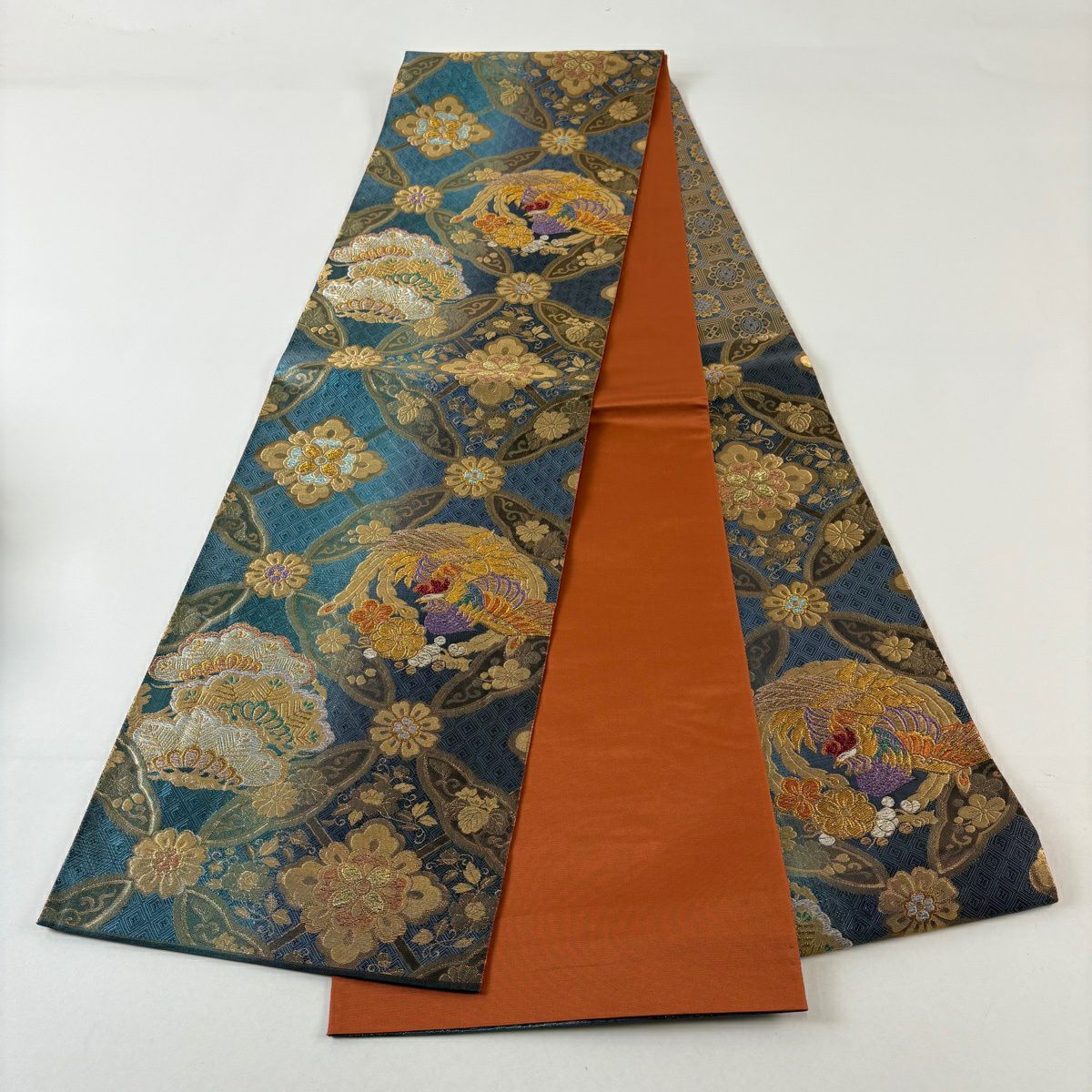 【美品】 袋帶 秀品級 艶飾金金箔 本金金箔 鳳凰 笠松樹 唐織 金金箔 水色 六通 純蠶絲