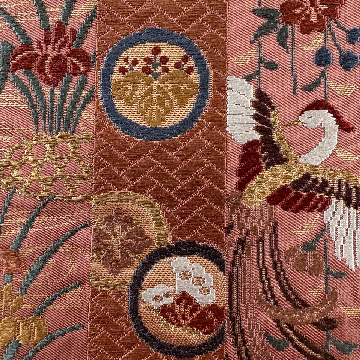 【美品】 袋帶 秀品級 花鳥 蝶 唐織 金金箔 粉色 六通 純蠶絲
