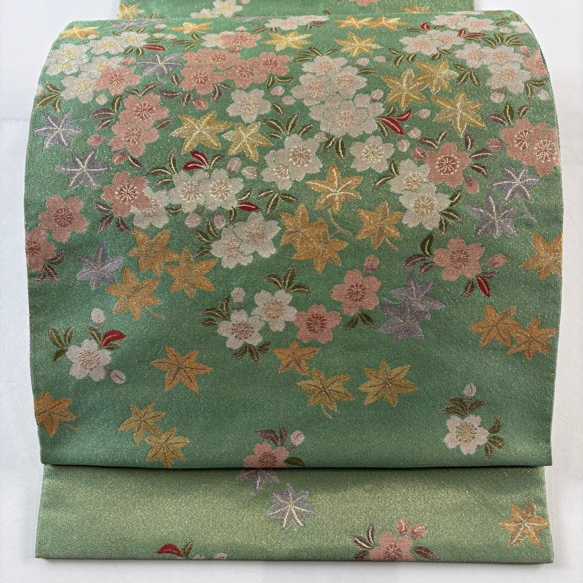 【美品】 袋帶 秀品級 樱花 楓樹 金金箔 淺綠 六通 純蠶絲