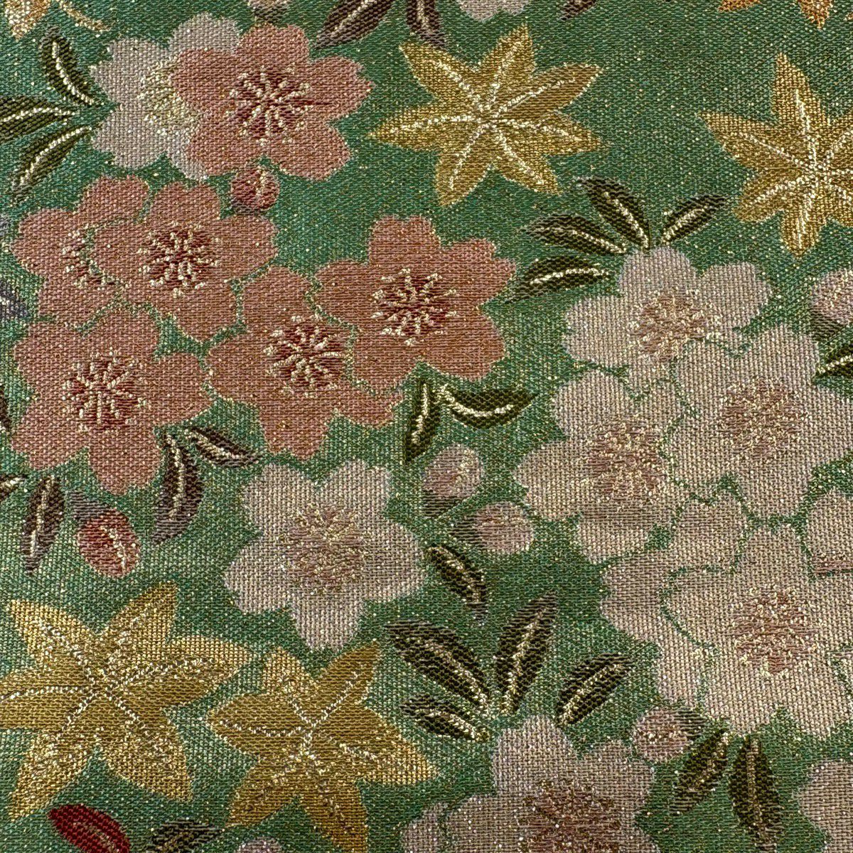 【美品】 袋帶 秀品級 樱花 楓樹 金金箔 淺綠 六通 純蠶絲