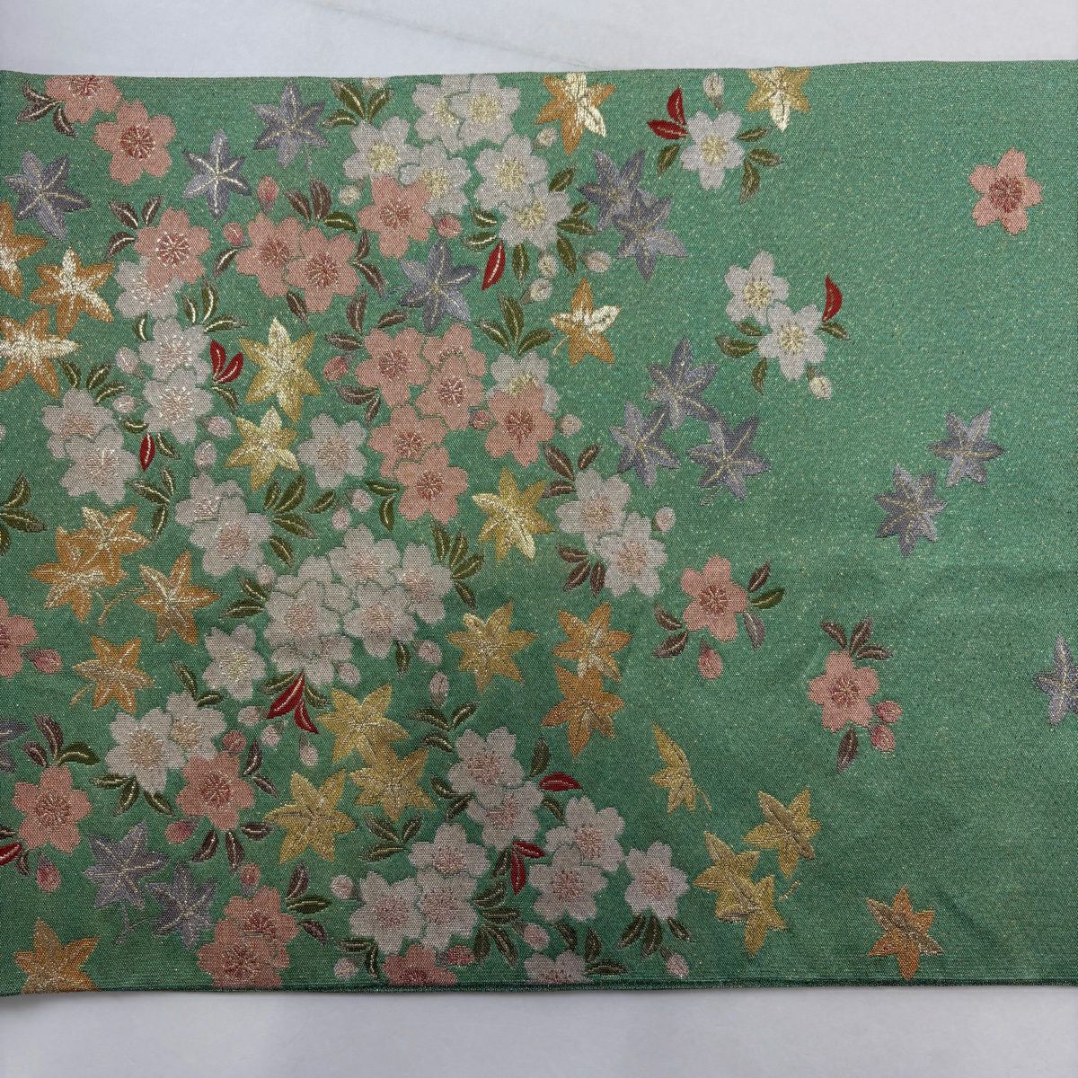 【美品】 袋帶 秀品級 樱花 楓樹 金金箔 淺綠 六通 純蠶絲