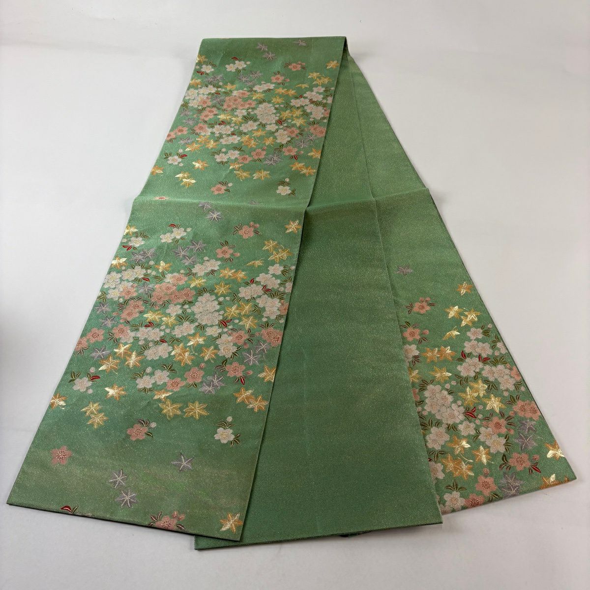 【美品】 袋帶 秀品級 樱花 楓樹 金金箔 淺綠 六通 純蠶絲