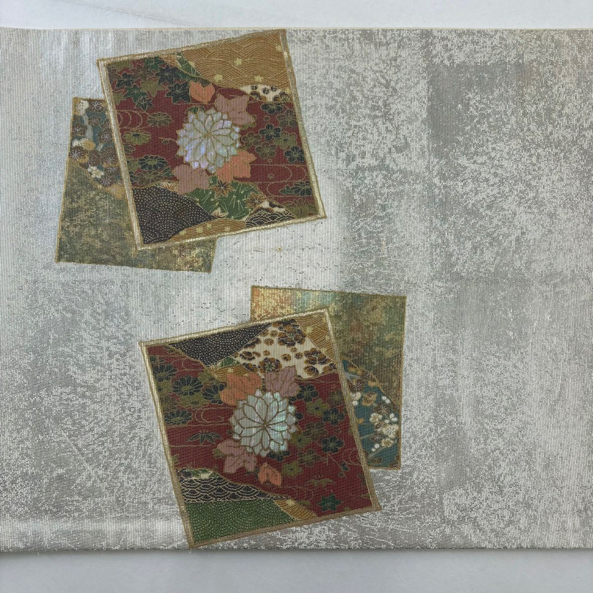 袋帶 秀品級 色紙 草花紋紋 金金箔 銀 お太鼓圖案 純蠶絲