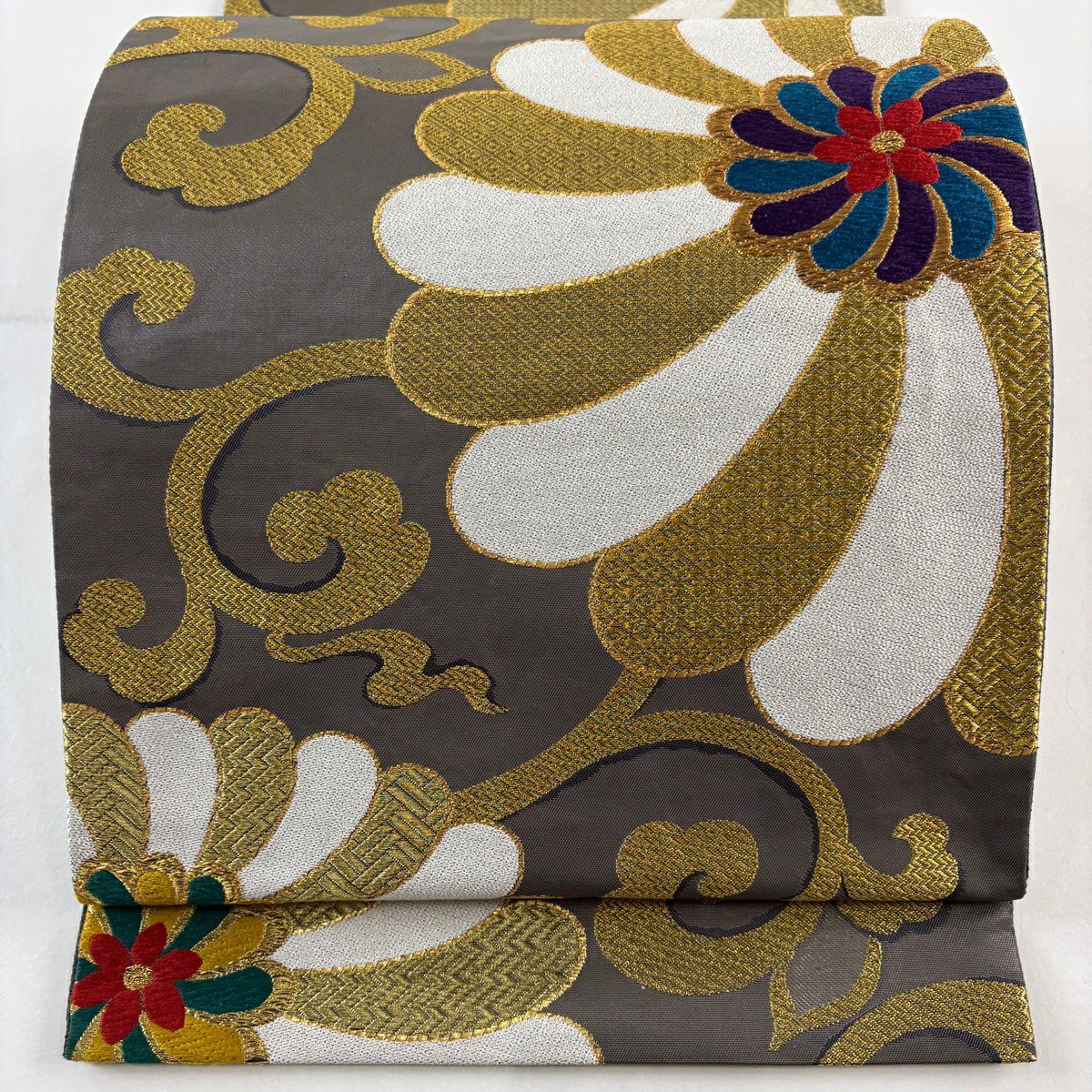 【美品】 袋帶 秀品級 菊花唐草紋 唐織 金金箔 灰 深藍 六通 純蠶絲