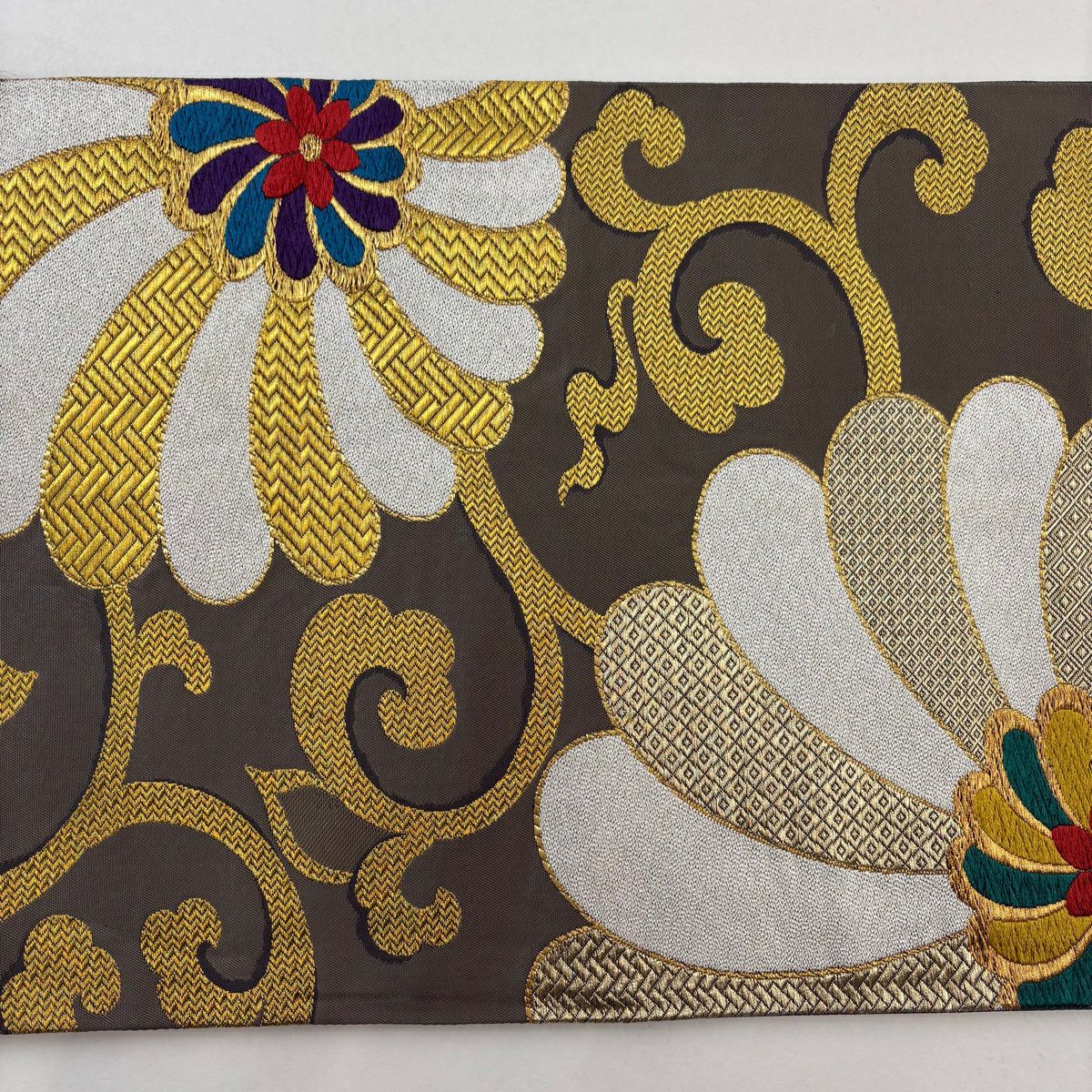【美品】 袋帶 秀品級 菊花唐草紋 唐織 金金箔 灰 深藍 六通 純蠶絲