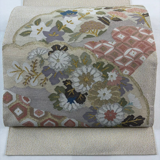 【美品】 名古屋帶 秀品級 八寸名古屋帶 松樹葉仕立 秋草 七寶 金銀彩 金金箔 奶油色 純蠶絲