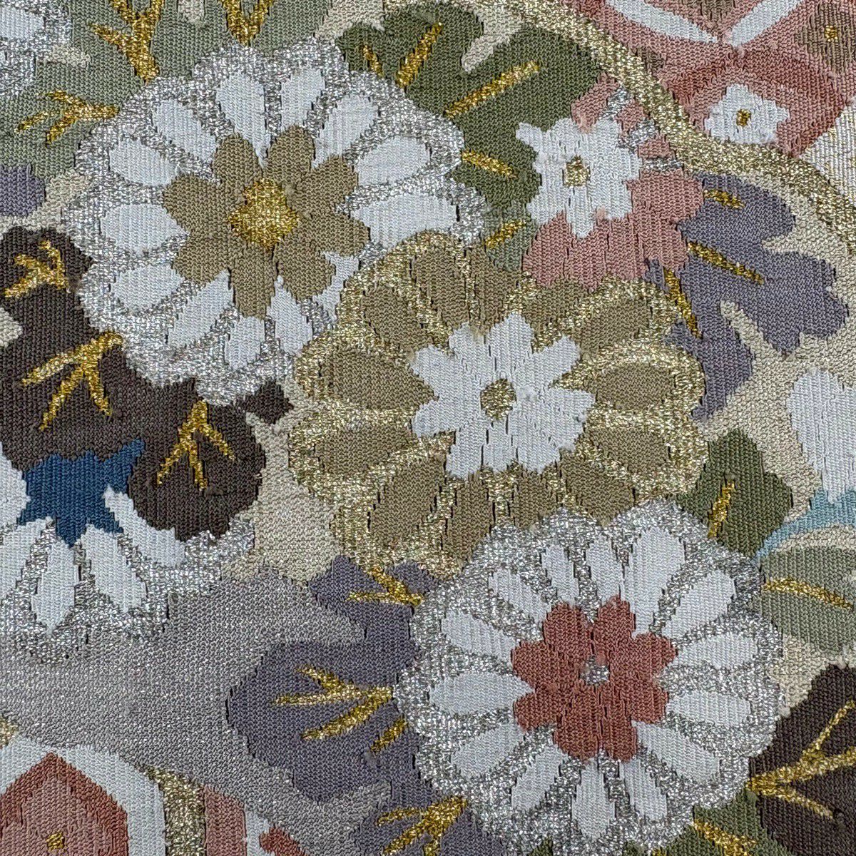 【美品】 名古屋帶 秀品級 八寸名古屋帶 松樹葉仕立 秋草 七寶 金銀彩 金金箔 奶油色 純蠶絲
