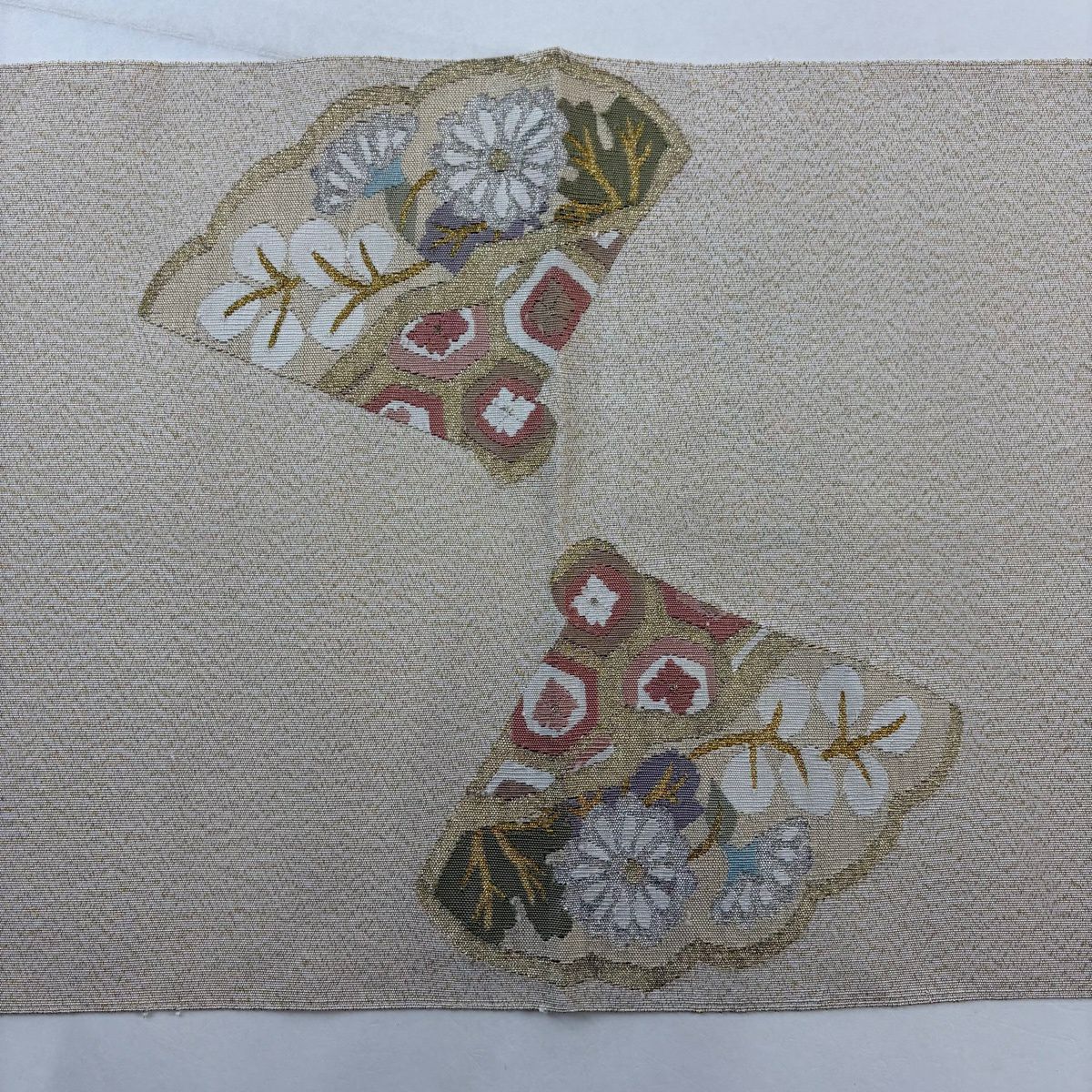 【美品】 名古屋帶 秀品級 八寸名古屋帶 松樹葉仕立 秋草 七寶 金銀彩 金金箔 奶油色 純蠶絲