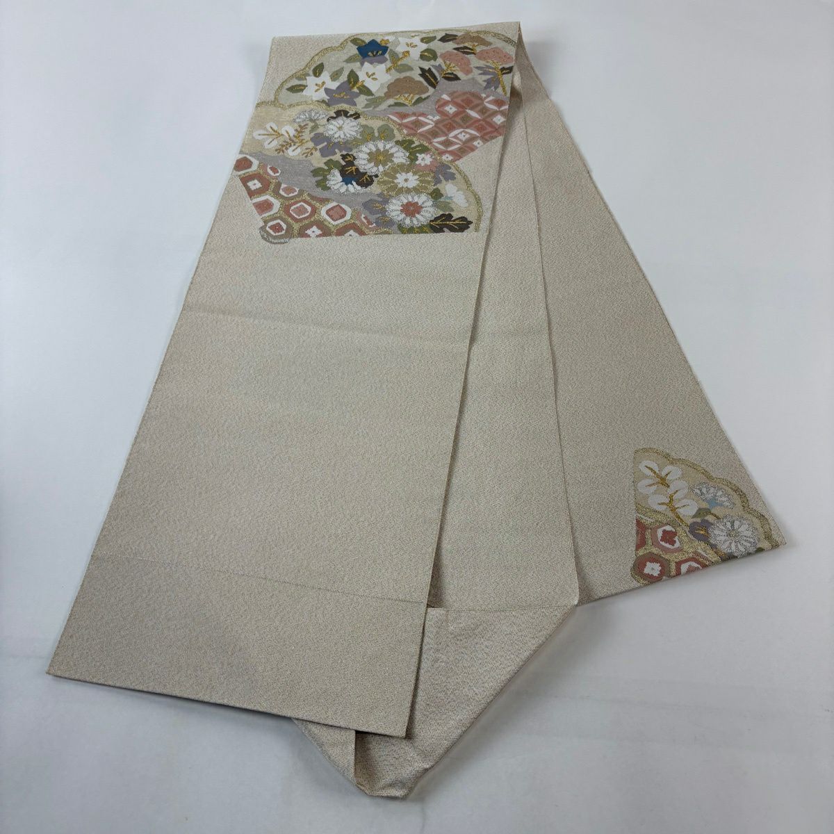 【美品】 名古屋帶 秀品級 八寸名古屋帶 松樹葉仕立 秋草 七寶 金銀彩 金金箔 奶油色 純蠶絲