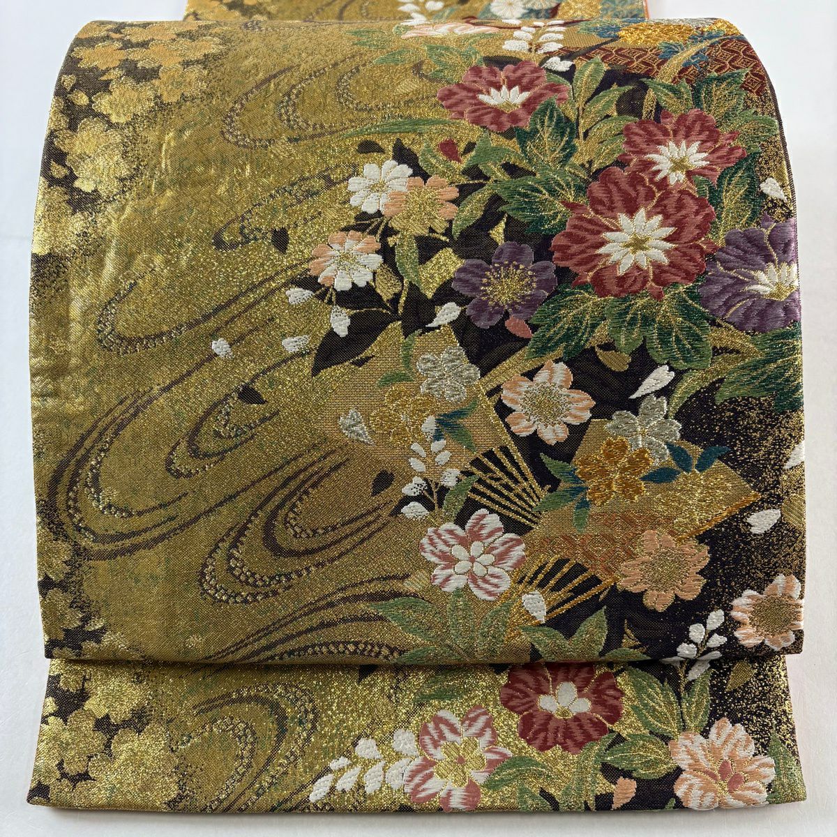 【美品】 袋帶 秀品級 扇子 草花紋 唐織 金金箔 金色 六通 純蠶絲