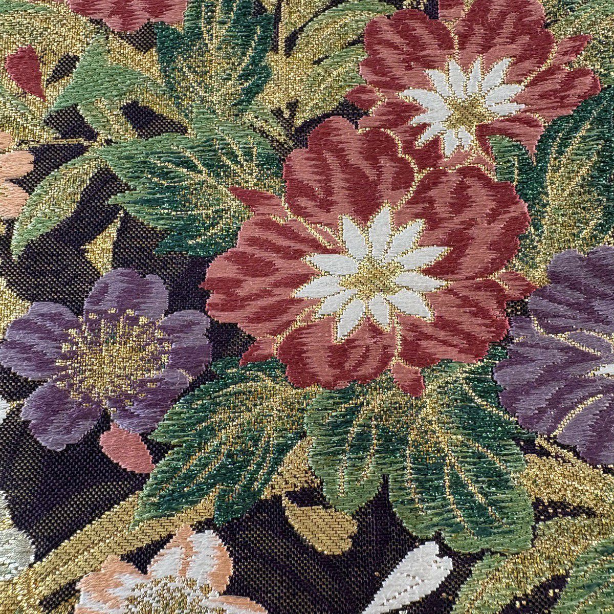 【美品】 袋帶 秀品級 扇子 草花紋 唐織 金金箔 金色 六通 純蠶絲