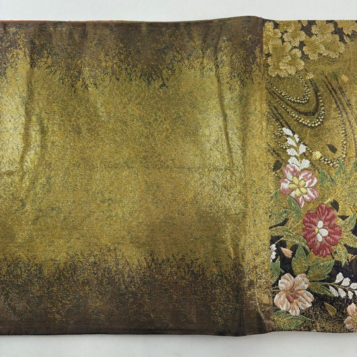 【美品】 袋帶 秀品級 扇子 草花紋 唐織 金金箔 金色 六通 純蠶絲