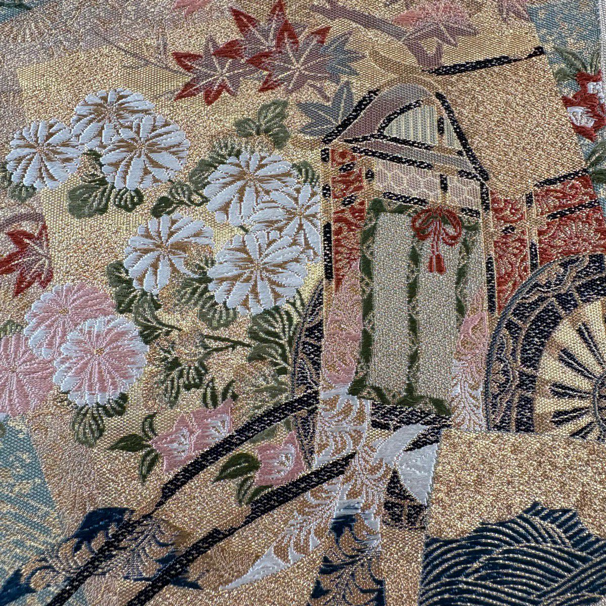 【美品】 袋帶 秀品級 御所車 秋草 金金箔 金絲 灰綠 六通 純蠶絲