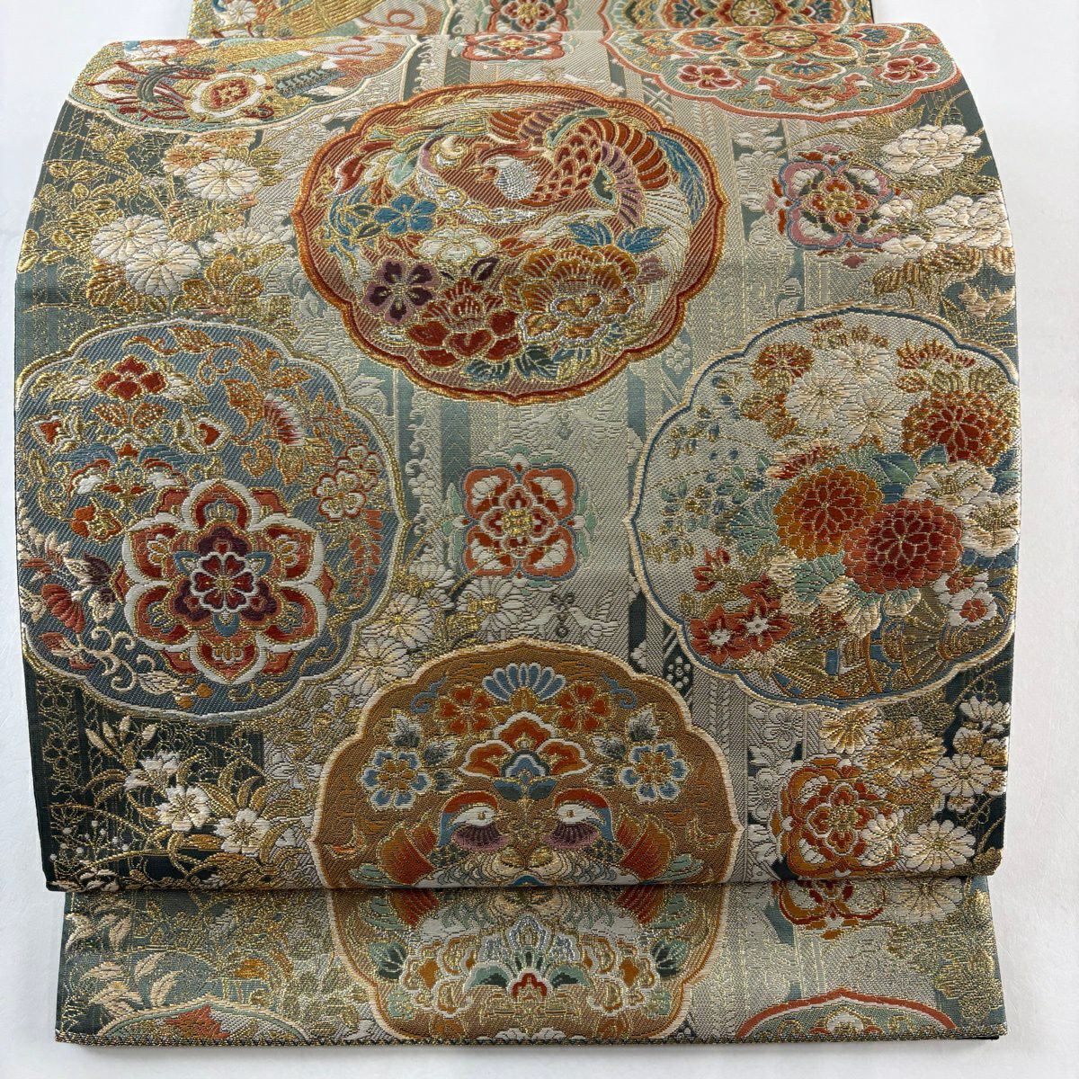 【美品】 袋帶 秀品級 秀煌錦織 本金金箔 關西仕立 花鳥 華紋 金絲 灰綠 六通 純蠶絲