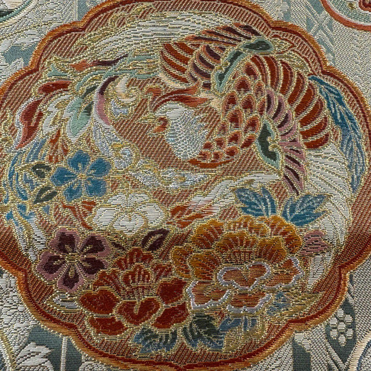 【美品】 袋帶 秀品級 秀煌錦織 本金金箔 關西仕立 花鳥 華紋 金絲 灰綠 六通 純蠶絲