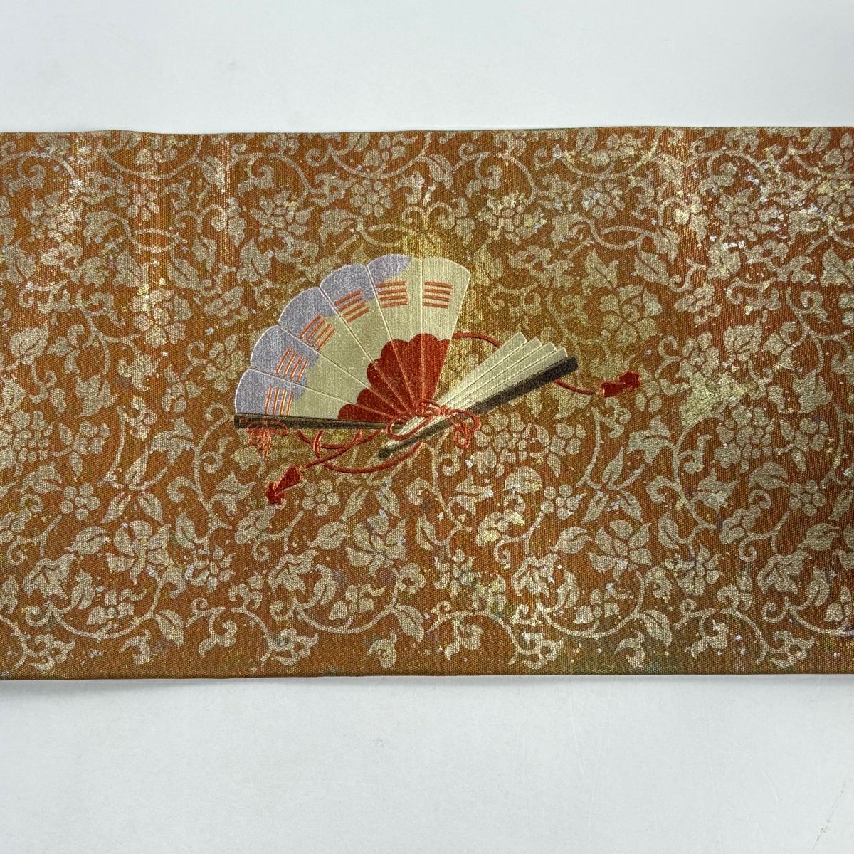名古屋帶 名品級 扇子子 笛子 金銀彩 螺鈿 茶 純蠶絲