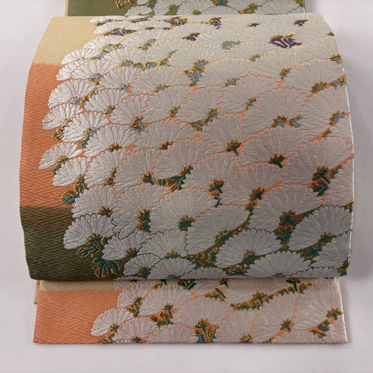 袋帶 名品級 菊花盡頭 縞 金絲 唐織 米色 六通 純蠶絲