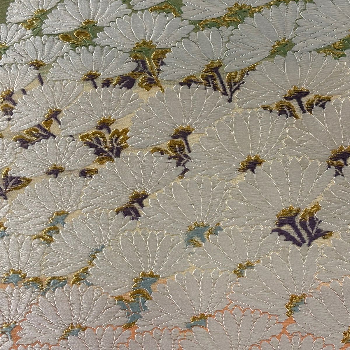 袋帶 名品級 菊花盡頭 縞 金絲 唐織 米色 六通 純蠶絲