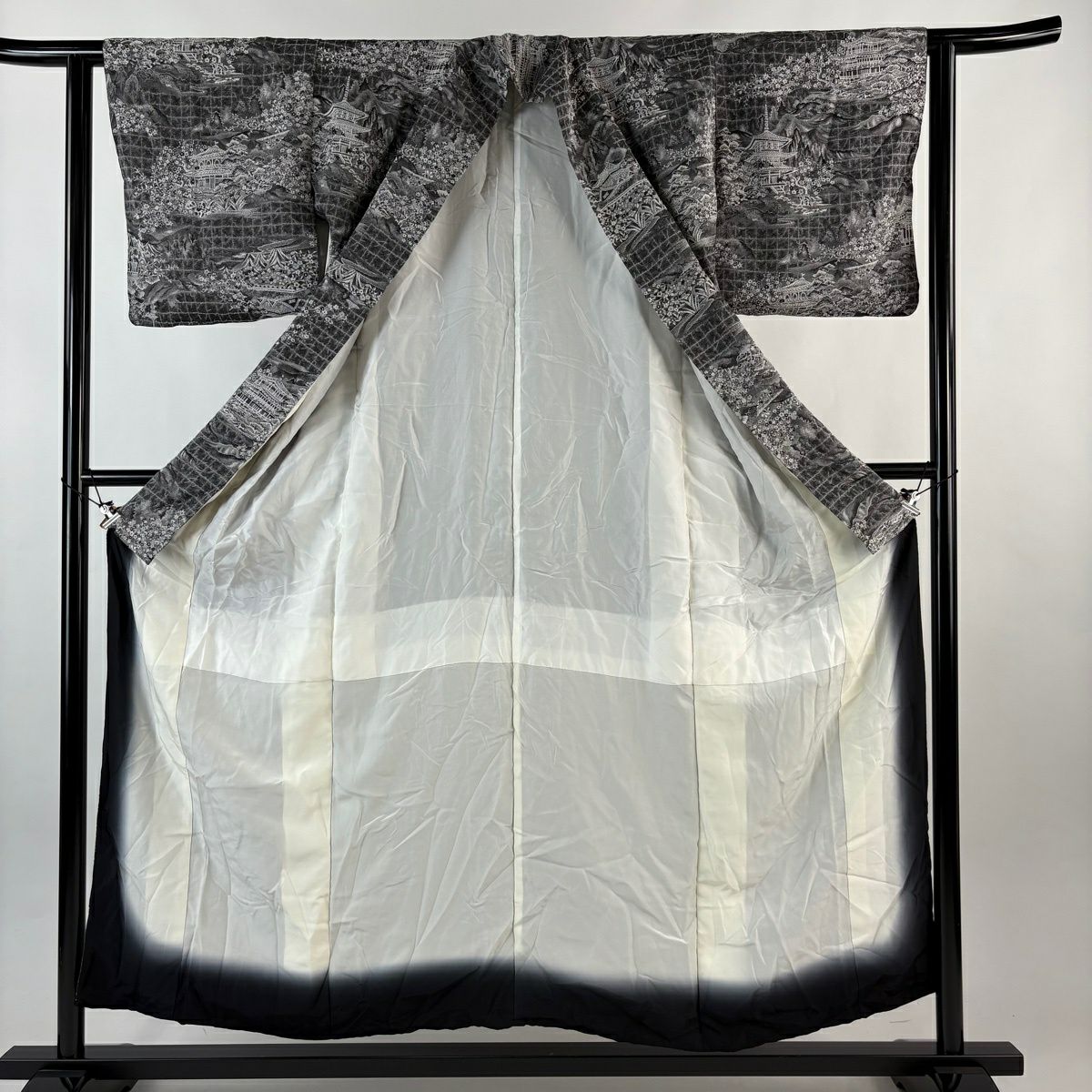 小紋 身長152cm 袖長61cm S 雙層 建物 松樹梅花 輝寶織 黑灰 純蠶絲 名品級