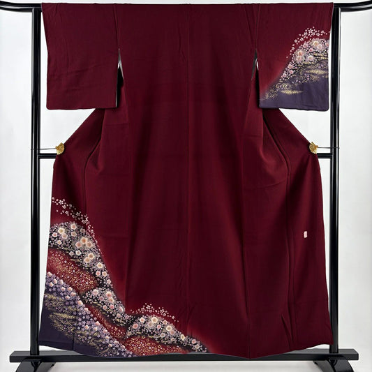 付下 身長157.5cm 袖長62cm S 雙層 翠山工房 大和 有落款 辻花染 流水 金銀彩 漸層 茶紫 純蠶絲 名品級