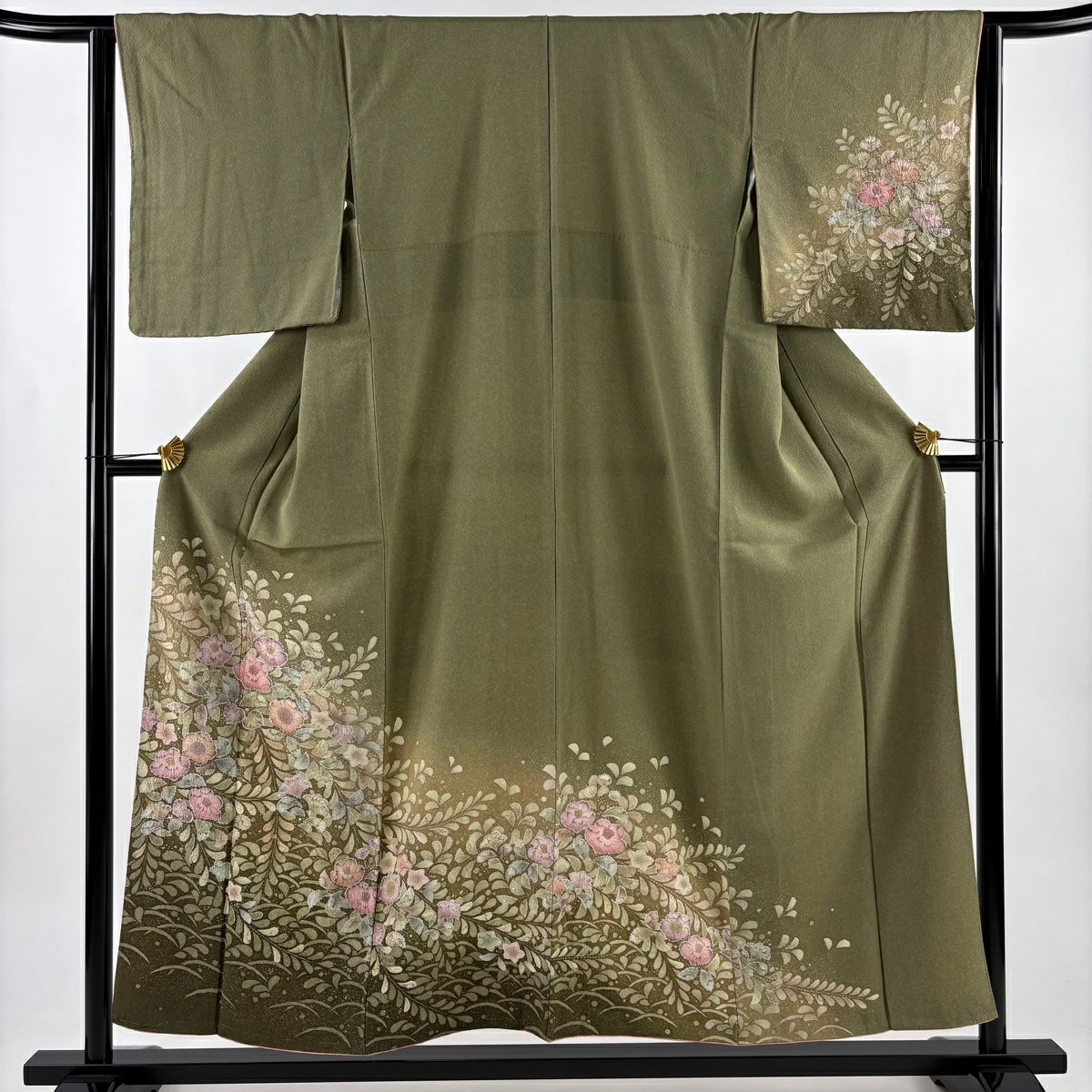【美品】訪問服 身長154.5cm 袖長64cm M 雙層 辻花染 漸層 茶綠 純蠶絲 名品級