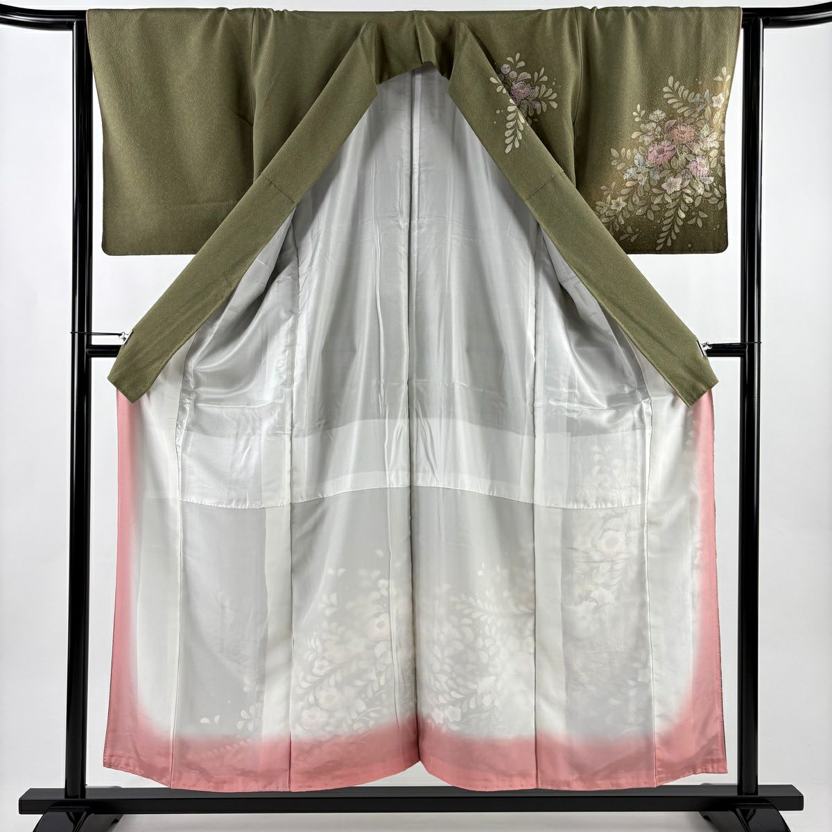 【美品】訪問服 身長154.5cm 袖長64cm M 雙層 辻花染 漸層 茶綠 純蠶絲 名品級
