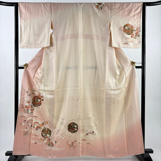 訪問服 身長160.5cm 袖長64cm M 雙層 吾妻德穗 落款あり 雪輪 菊花 金銀彩 漸層 粉米色 純蠶絲 名品級