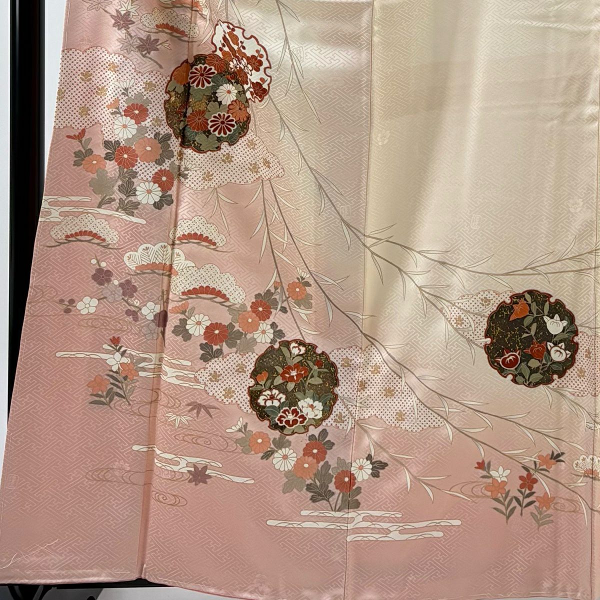 訪問服 身長160.5cm 袖長64cm M 雙層 吾妻德穗 落款あり 雪輪 菊花 金銀彩 漸層 粉米色 純蠶絲 名品級
