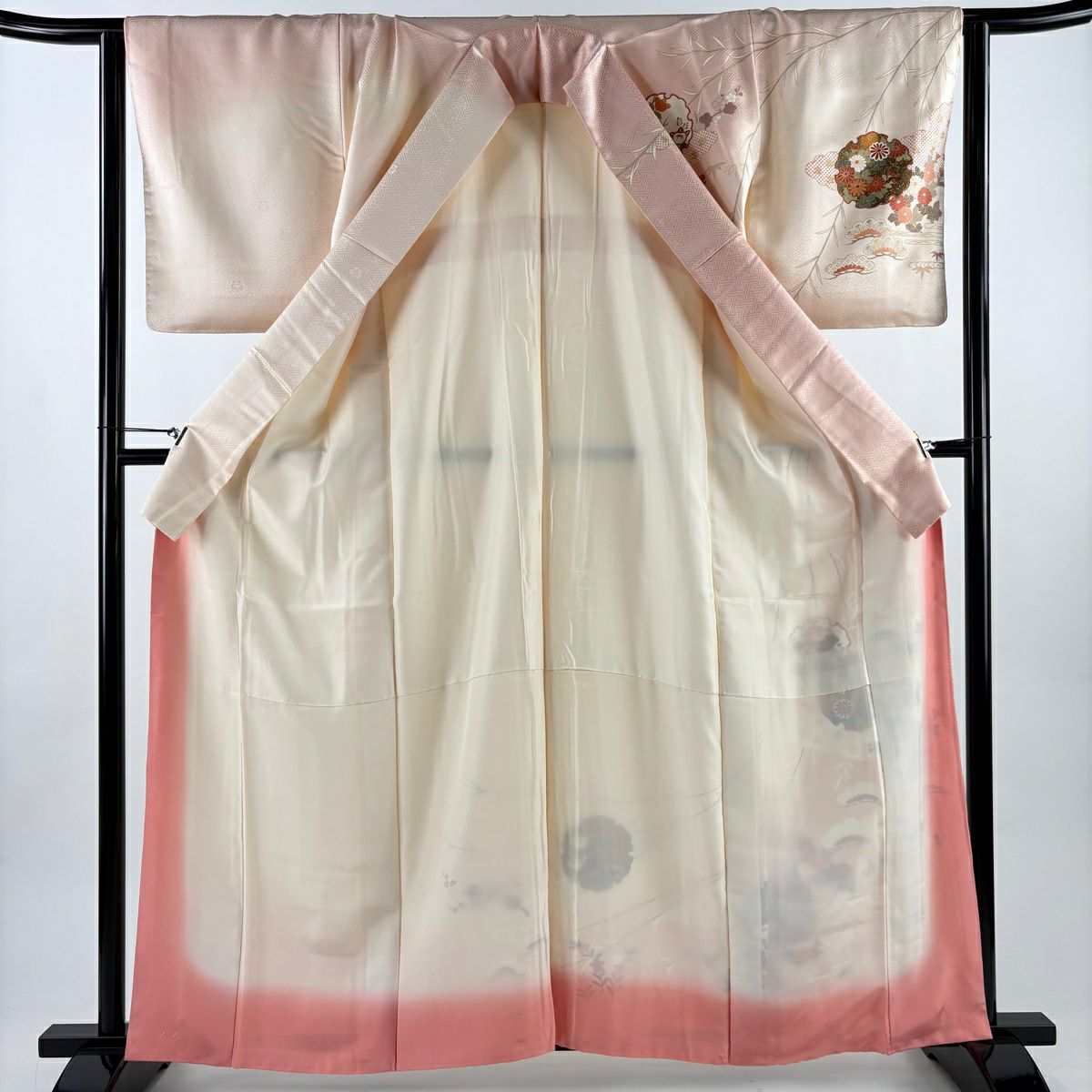 訪問服 身長160.5cm 袖長64cm M 雙層 吾妻德穗 落款あり 雪輪 菊花 金銀彩 漸層 粉米色 純蠶絲 名品級
