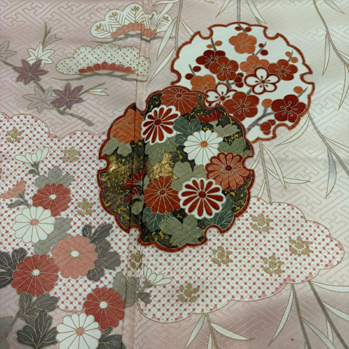 訪問服 身長160.5cm 袖長64cm M 雙層 吾妻德穗 落款あり 雪輪 菊花 金銀彩 漸層 粉米色 純蠶絲 名品級