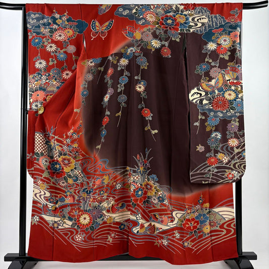振袖禮服 身長160cm 袖長67.5cm L 雙層 牡丹 鴛鴦 染分 逐漸色 朱 純蠶絲 名品級