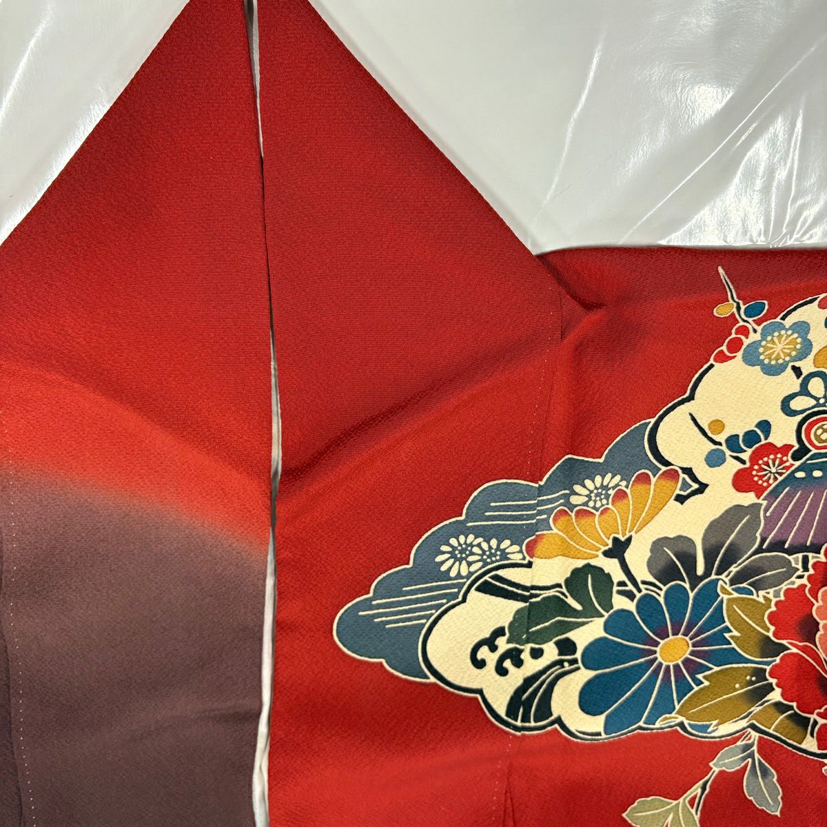振袖禮服 身長160cm 袖長67.5cm L 雙層 牡丹 鴛鴦 染分 逐漸色 朱 純蠶絲 名品級