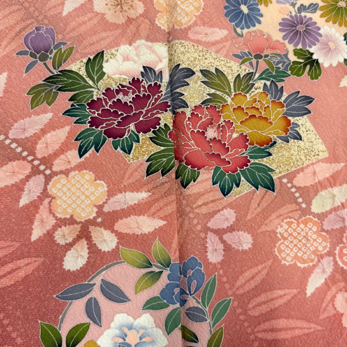 訪問服 身長161cm 袖長63.5cm S 雙層 扇子面 牡丹 金彩裝飾 絞染 粉紅 純蠶絲 名品級
