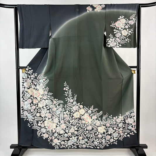 訪問服 身長161cm 袖長63cm S 雙層 辻花染圖案 染分 ぼかし 深綠 純蠶絲 名品級 一つ紋