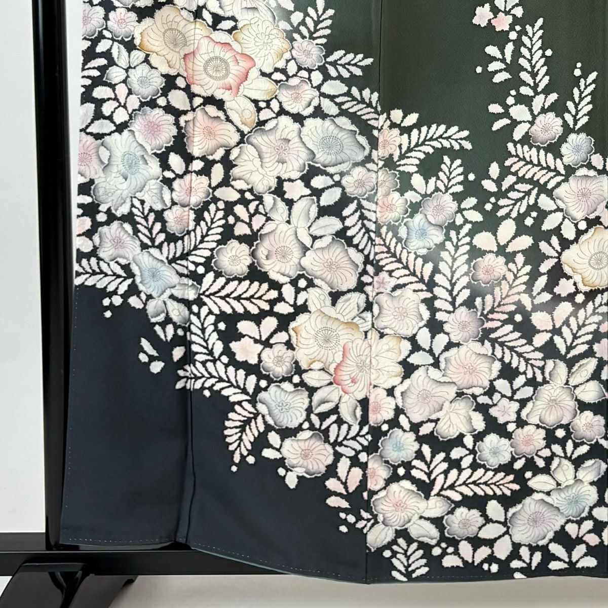 訪問服 身長161cm 袖長63cm S 雙層 辻花染圖案 染分 ぼかし 深綠 純蠶絲 名品級 一つ紋