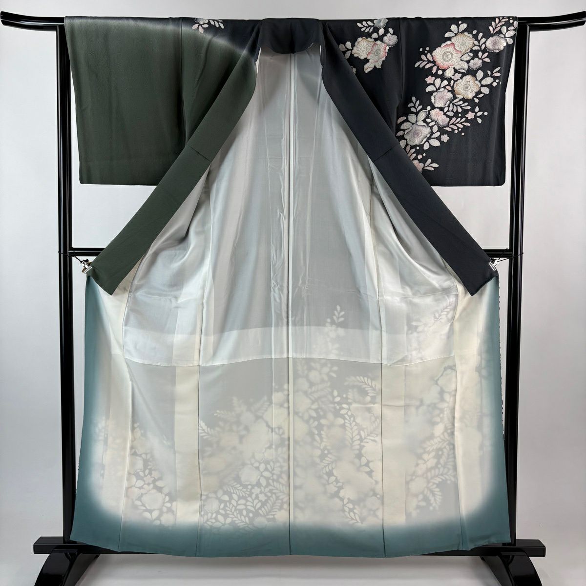 訪問服 身長161cm 袖長63cm S 雙層 辻花染圖案 染分 ぼかし 深綠 純蠶絲 名品級 一つ紋