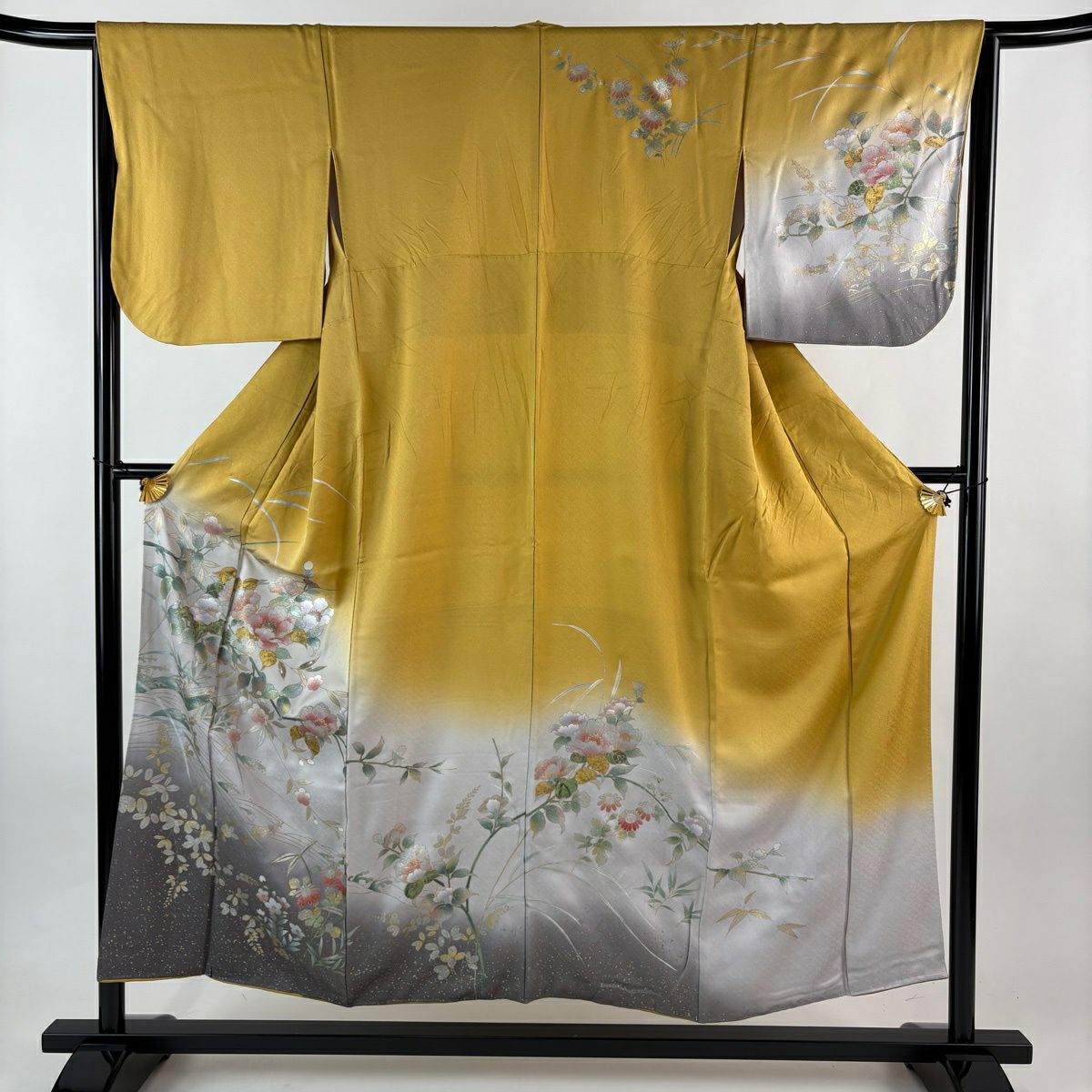訪問服 身長152.5cm 袖長65cm M 雙層 藤本隆士 落款あり 枝花 舟 金銀彩 螺鈿 山吹 純蠶絲 名品級