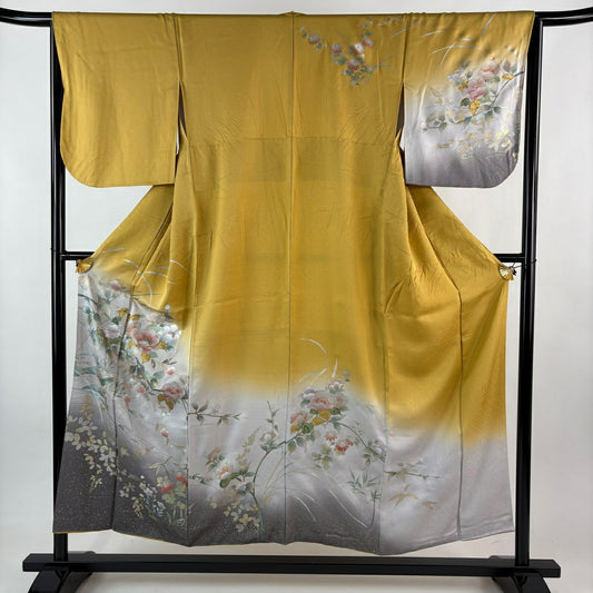 訪問服 身長152.5cm 袖長65cm M 雙層 藤本隆士 落款あり 枝花 舟 金銀彩 螺鈿 山吹 純蠶絲 名品級