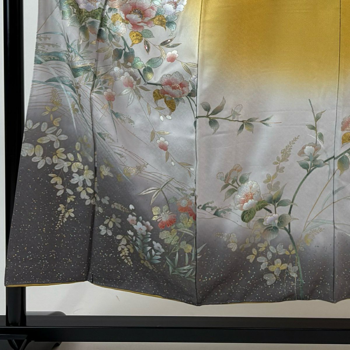 訪問服 身長152.5cm 袖長65cm M 雙層 藤本隆士 落款あり 枝花 舟 金銀彩 螺鈿 山吹 純蠶絲 名品級