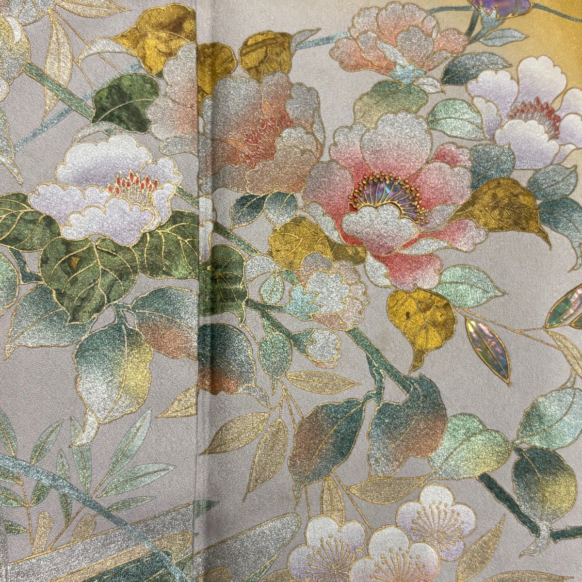 訪問服 身長152.5cm 袖長65cm M 雙層 藤本隆士 落款あり 枝花 舟 金銀彩 螺鈿 山吹 純蠶絲 名品級