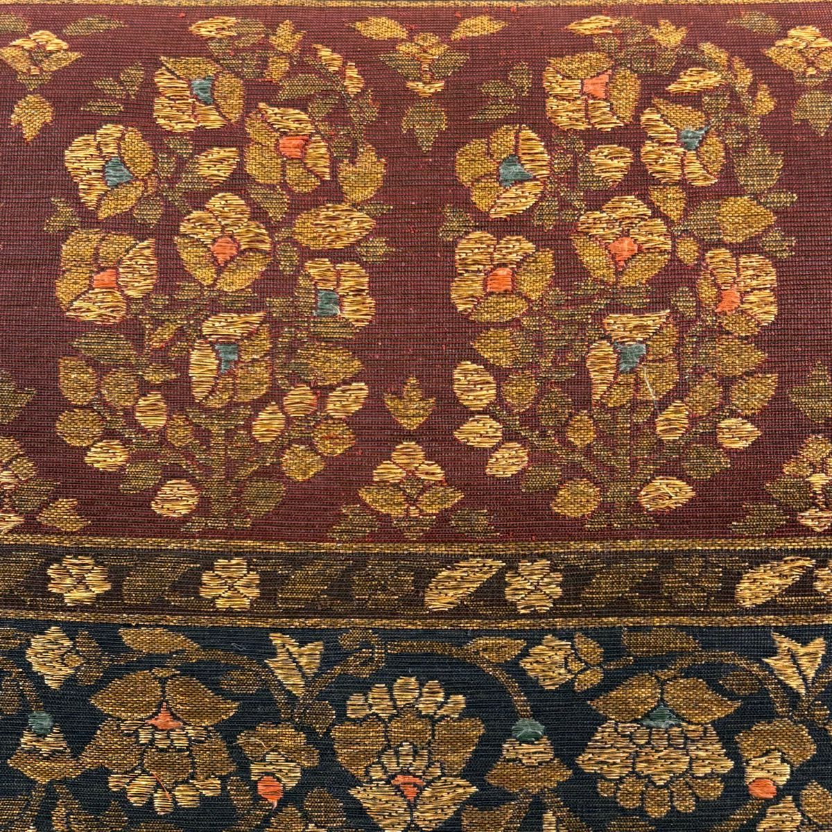 袋帶 名品級 落款 草花紋 花唐草紋 金絲 金金箔 淺茶 純蠶絲