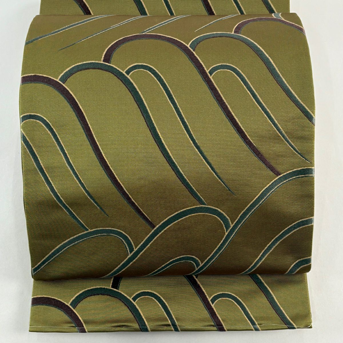 【美品】 袋帶 名品級 波 刺繡 金金箔 鶯 綠 六通 純蠶絲